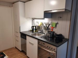 a small kitchen with a sink and a stove at Room with shared kitchen and bathroom nr 3 in Tromsø