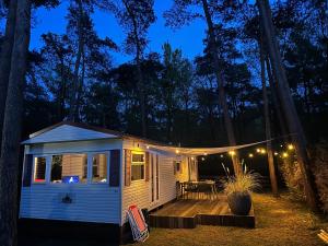 a tiny house in the woods at night at Chalet Tibi in Bocholt