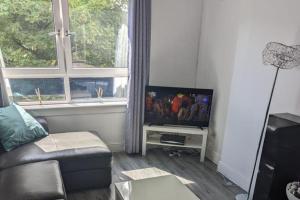 salon z kanapą i telewizorem z płaskim ekranem w obiekcie Central 1-Bed Apt Sleeps 4 5 mins to Station w mieście Greenock