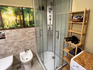 ein Badezimmer mit Dusche, Toilette und Waschbecken in der Unterkunft Tree House in Camigliatello Silano