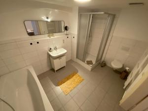 a bathroom with a tub and a sink and a shower at Großzügiges 1 Zimmer-Apartment mit Badewanne in Pirna