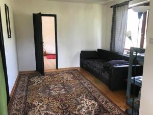 a living room with a black couch and a mirror at Kokin Brod Apartments in Kokin Brod +24 photos