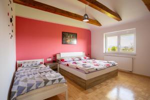 two beds in a bedroom with a red wall at Apartma Majdas in Loka pri Mengšu