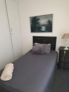 a bedroom with a bed with a pillow on it at Debbie's Den in Springs