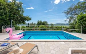 a swimming pool with a pink plastic swan in the middle at House Arkulin by Villas Guide in Gruda