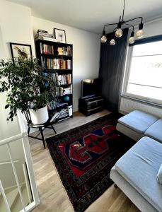 a living room with a couch and a book shelf at Modern home in Helsingborg in Helsingborg +7 photos