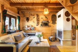 a living room with a couch and a fireplace at Baśniowy Domek in Kościelisko