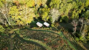 an overhead view of two barns in a forest at Off-Grid Cabin with Fire Pit and Trail Access Nestled in Nature in Sugar Grove, West Virginia in Sugar Grove