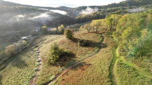 an aerial view of a field with trees and clouds at Off-Grid Cabin with Fire Pit and Trail Access Nestled in Nature in Sugar Grove, West Virginia in Sugar Grove