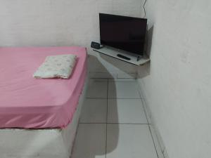 a small room with a pink bed and a tv at Casa pertinho do centro in Pipa