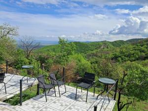 a patio with chairs and a table and a view at Green House მწვანე სახლი in Sighnaghi