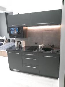 kuchnia ze zlewem i mikrofalówką w obiekcie Apartamenty Centrum Krawiecka w Zielonej Górze