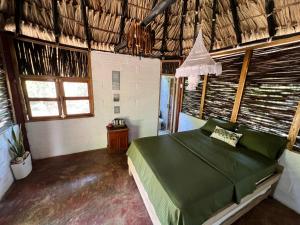 a bedroom with a green bed in a room with windows at Hospedaje VILLA CRETA in Puerto Limón
