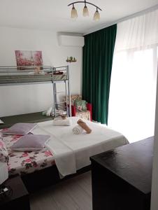 a bedroom with a bunk bed and a green curtain at Dalival in Baile Felix +30 photos