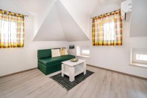 salon z zieloną kanapą i stołem w obiekcie Apartments Ivo with Sea View w Bašce