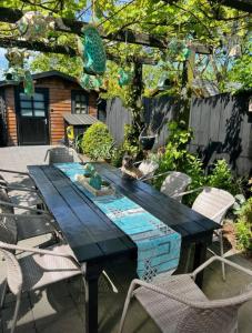 a picnic table with a cat sitting on top of it at Lichtdurchflutetes Traumhaus 800 Meter zum Strandaufgang, uneinsehbarer Garten mit Terrassenüberdachung, hundefreundlich in Sint Maartenszee