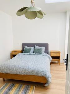a bedroom with a bed and a ceiling fan at La Maison au fond du jardin - proche centre ville in Le Mans