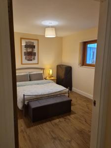 Un dormitorio con una cama, una silla y una ventana en Birmingham Apartment, en Birmingham