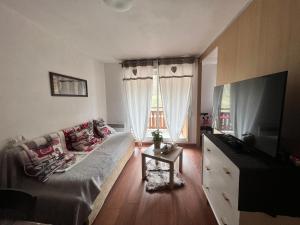 a living room with a couch and a television at Les chalets du verdon in Allos