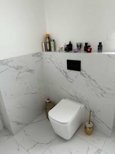 a white bathroom with a toilet and a marble wall at Apartament 5 in Kobylniki +7 photos