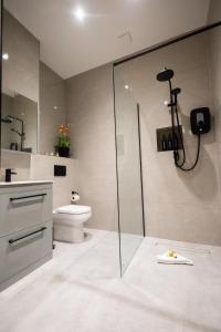 a bathroom with a glass shower and a toilet at Stylish 1 bedroom Flat in London in Finchley +17 photos