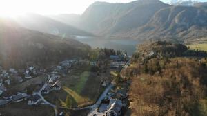 an aerial view of a town with a lake and mountains at Apartment MANCA-HOLIN in Bohinj