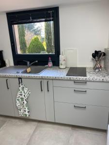 eine Küche mit einer Theke und einem Fenster in der Unterkunft Gîte à la campagne in Malville + 2 Fotos