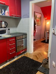 eine Küche mit roten Schränken und einem Herd in der Unterkunft Tanasic in Zlatibor