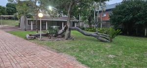 een omgevallen boom die op het gras naast een huis ligt bij Meerensee Cottage in Richards Bay