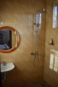 a bathroom with a shower and a sink and a mirror at Kili Kivuli in Msaranga +85 photos