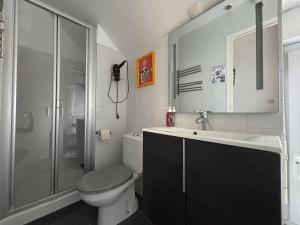a bathroom with a toilet and a sink and a shower at L Ancre Maison séjour spacieux lumineux avec jardin et extérieur aménagé terrain de petanque proche Omaha beach, Grandcamp Maisy et pointe du Hoc in Saint-Pierre-du-Mont +29 photos