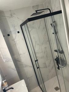eine Dusche mit Glastür im Badezimmer in der Unterkunft Studio spacieux climatisé in Le Boulou