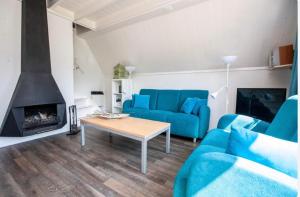 a living room with a blue couch and a fireplace at Vakantiewoning Meerrust in Gramsbergen