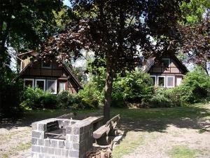 a bench under a tree in front of a house at Ferien-und Bauernhof Gauster in Trebel