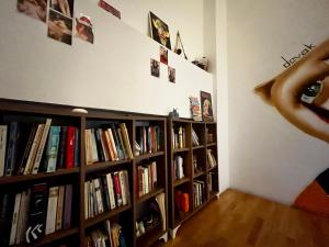 a room with several book shelves filled with books at Kuyu Beergarden Hostel in Antalya