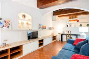 Una sala de estar con un sofá azul y un televisor en Apartment Magnoli&Ponte Vecchio, en Florencia