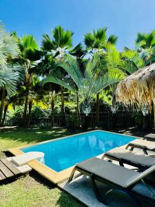 a swimming pool with two lounge chairs and palm trees at Le Village de la Pointe in Le Vauclin