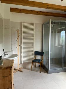 a bathroom with a toilet and a sink and a chair at Appartamento Candido-Dolomiti in Candide +58 photos
