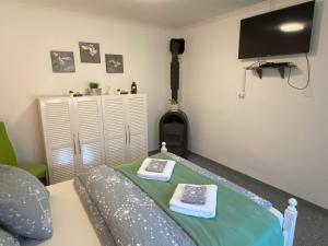 a room with a bed with two books and a fireplace at Amur Vendégház 2 in Gárdony
