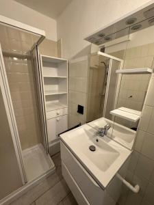 罗克布吕讷-卡普马丹Studio ideal pour les vacances的带水槽和淋浴的白色浴室