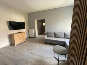 een woonkamer met een bank en een tv bij Przystanek Karpacz - Komuny Paryskiej 3 in Karpacz