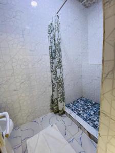 a bathroom with a shower with blue and white tiles at Guest house Native in Bukhara