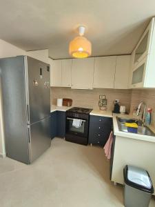 a kitchen with a stainless steel refrigerator and a sink at Casa Elysia in Kato Almiri