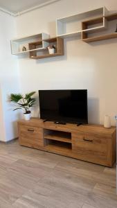 a flat screen tv sitting on top of a wooden entertainment center at Deterra Studio 70 next to Metro Station Berceni in Popeşti-Leordeni