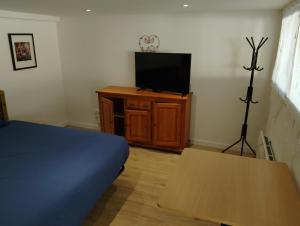 a bedroom with a bed and a flat screen tv at Annexe du 18 in Les Landes-Génusson