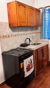 a kitchen with a black stove and a sink at Cataratas Duplex Depto 1 in Puerto Iguazú