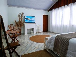 a bedroom with a bed and a tv and a fireplace at Chalé do Mato in Itatiaia