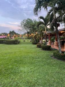 a green yard with a building and trees and lights at Cabaña Yopal - Yopo Resort in Yopal