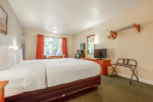 a hotel room with a large bed and a television at Hotel Avenida, San Clemente Beach in San Clemente