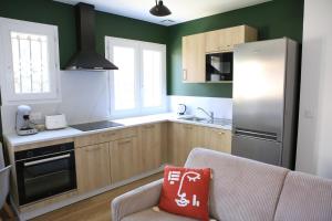 a kitchen with green walls and a couch with a red pillow at Appartement T2 cosy in Roussillon en Isere